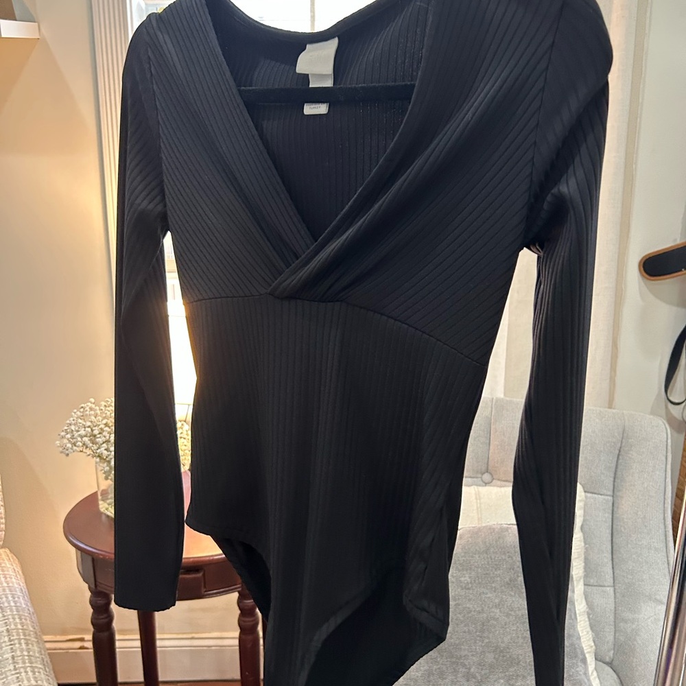 H&M Ribbed Black Long Sleeve Wrap Bodysuit